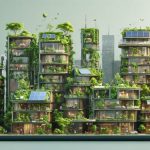 A city skyline featuring sustainable buildings with solar panels, green walls, and timber designs, representing eco-friendly construction practices.