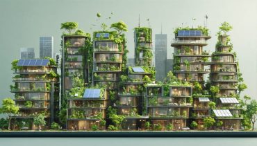 A city skyline featuring sustainable buildings with solar panels, green walls, and timber designs, representing eco-friendly construction practices.