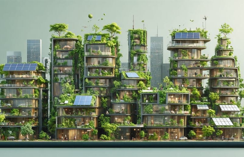 A city skyline featuring sustainable buildings with solar panels, green walls, and timber designs, representing eco-friendly construction practices.