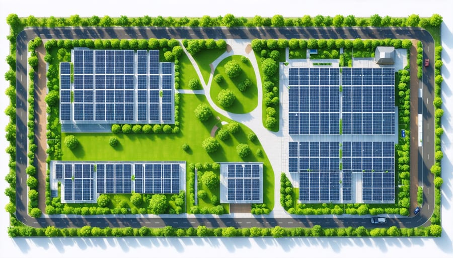 Sustainable construction site featuring green spaces, solar panels, and efficient site layout