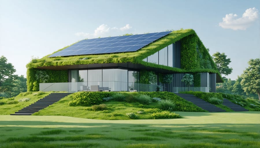 Sustainable building featuring green technologies like solar and green roof