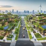 A city scene illustrating innovative climate resilience projects, including green roofs, rain gardens, and renewable energy installations, highlighting community involvement in building sustainable urban environments.