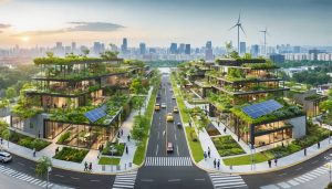 A city scene illustrating innovative climate resilience projects, including green roofs, rain gardens, and renewable energy installations, highlighting community involvement in building sustainable urban environments.