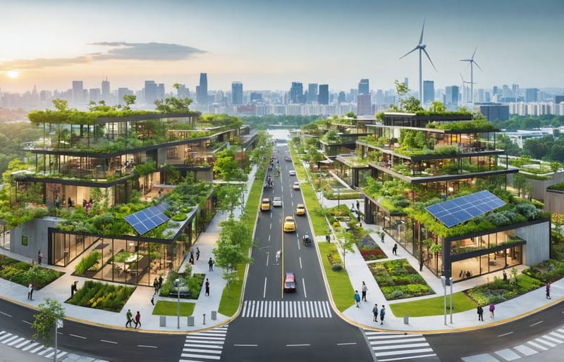 A city scene illustrating innovative climate resilience projects, including green roofs, rain gardens, and renewable energy installations, highlighting community involvement in building sustainable urban environments.