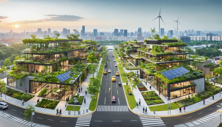 A city scene illustrating innovative climate resilience projects, including green roofs, rain gardens, and renewable energy installations, highlighting community involvement in building sustainable urban environments.