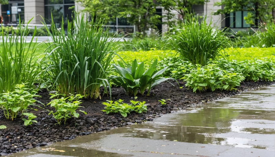 Urban rain garden with diverse vegetation filtering stormwater runoff