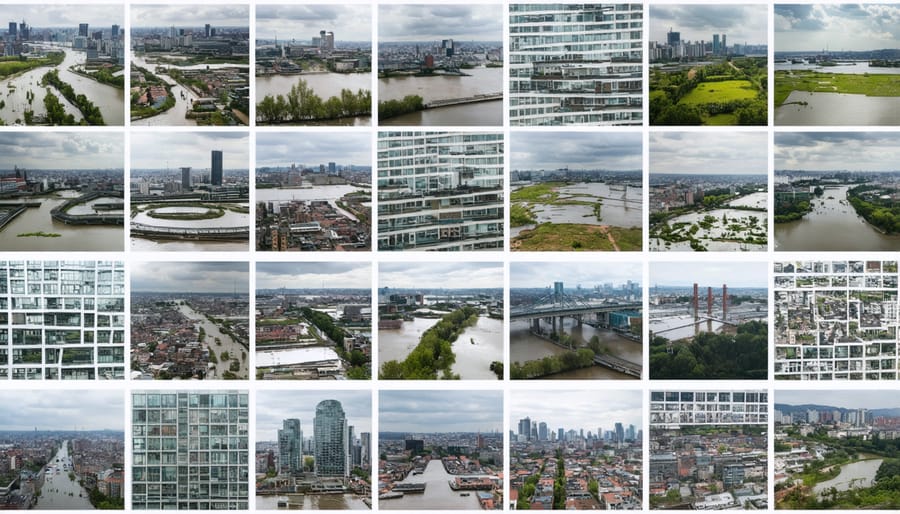 Collage of real-world examples of effective urban resilience strategies in action.