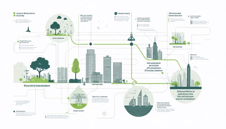 Infographic showing the key components of urban resilience and their relationships.