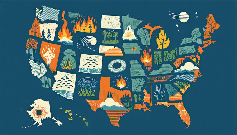 Conceptual illustration of the US map with natural disaster icons