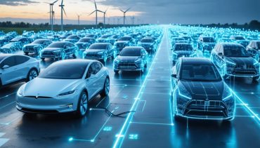 Conceptual illustration of electric vehicles integrated with the power grid, utilizing bidirectional charging stations to exchange energy and incorporating renewable energy sources like solar and wind.