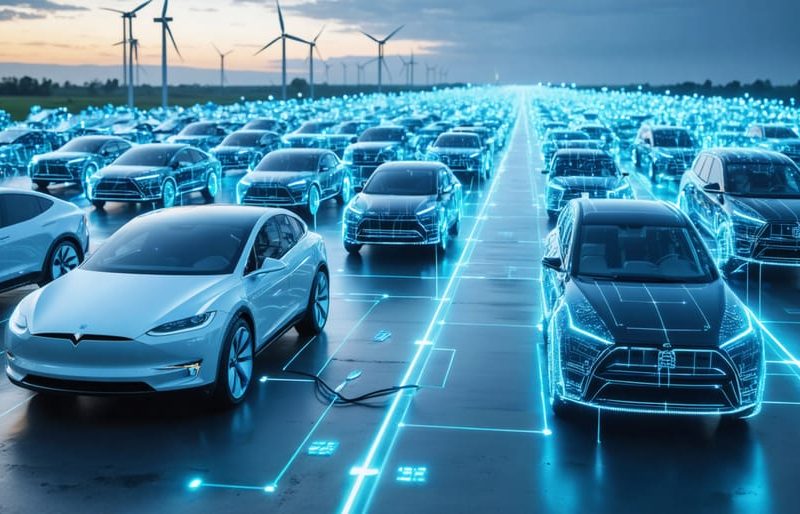 Conceptual illustration of electric vehicles integrated with the power grid, utilizing bidirectional charging stations to exchange energy and incorporating renewable energy sources like solar and wind.