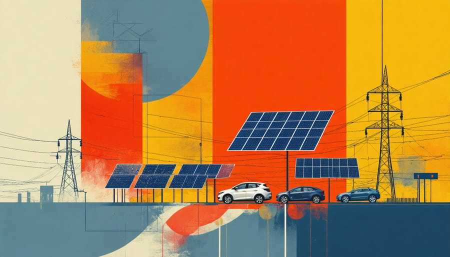 Diagram illustrating the interconnection of renewable energy, electric vehicles, and the power grid in a vehicle-grid integration system