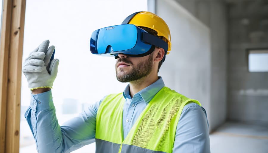 Person wearing VR goggles to immersively experience a virtual construction project