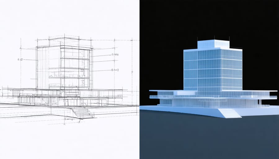 Comparison showing the evolution from 2D architectural drawings to 3D Building Information Modeling