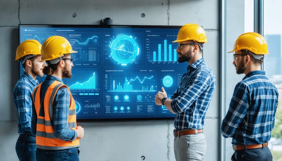 Construction professionals collaborating using AI project management software