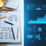 A split-screen image showcasing traditional project management with paper blueprints and AI-enhanced digital construction management tools, highlighting the transformation in construction efficiency through AI.