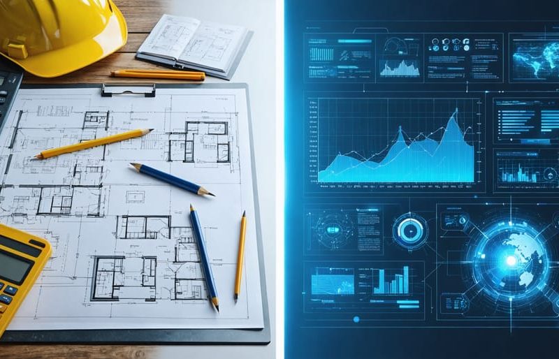 A split-screen image showcasing traditional project management with paper blueprints and AI-enhanced digital construction management tools, highlighting the transformation in construction efficiency through AI.