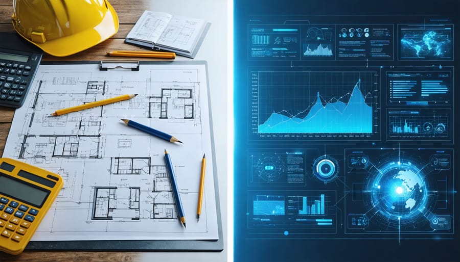 A split-screen image showcasing traditional project management with paper blueprints and AI-enhanced digital construction management tools, highlighting the transformation in construction efficiency through AI.