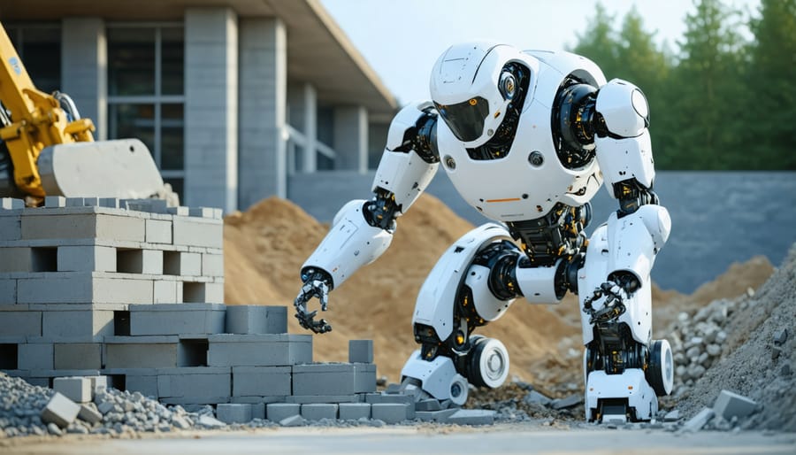 Robot mason laying bricks with digital guidance system on construction site