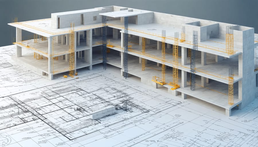 Building Information Modeling (BIM) visualization overlaid on construction site photograph