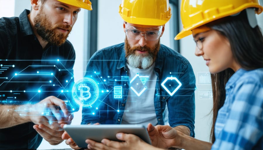 Construction professionals accessing blockchain-verified project documents on mobile devices