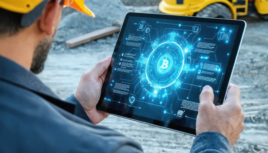 Professional reviewing blockchain-verified construction documents on a tablet at a construction site