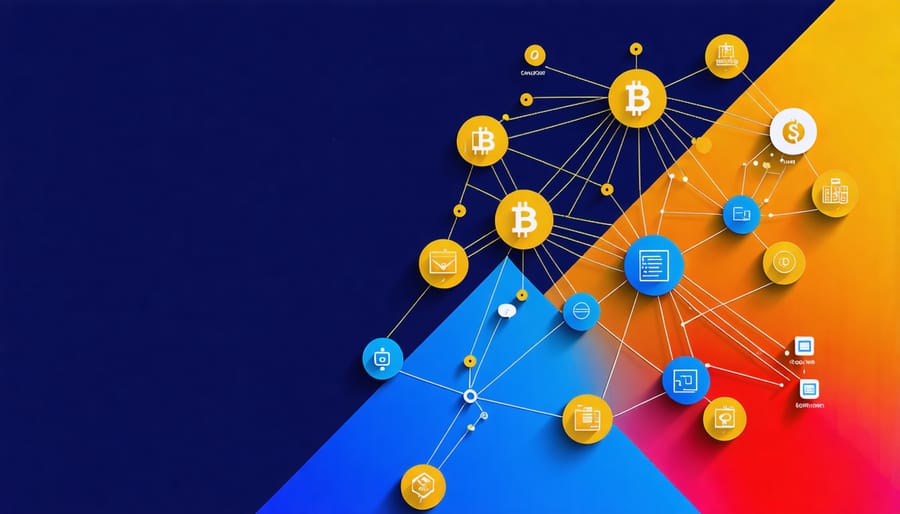 Network diagram showing blockchain-based construction payment system and smart contracts