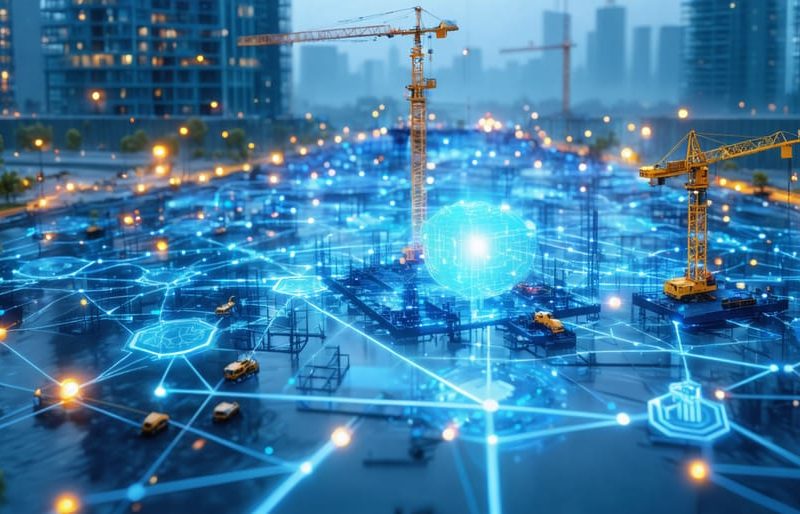 A digital illustration of a futuristic construction site interconnected through blockchain technology, showcasing smart contracts, real-time material tracking, and an automated supply chain network.