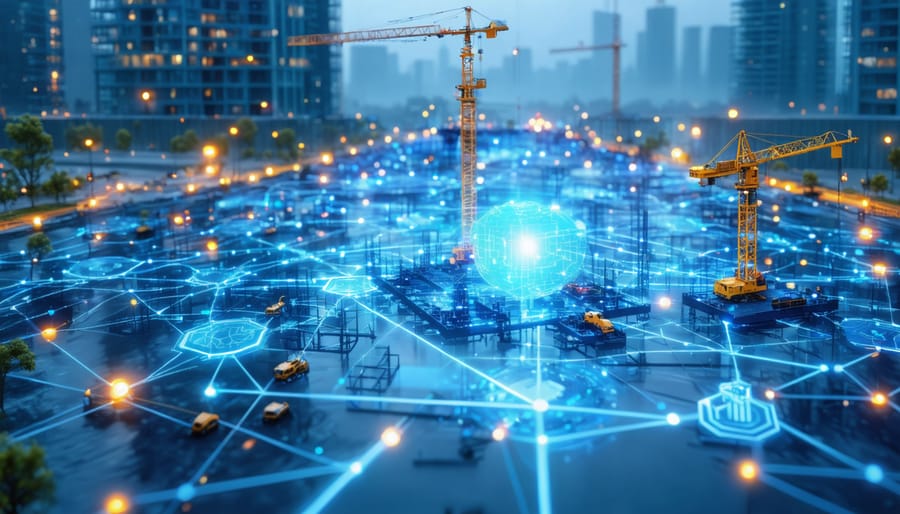 A digital illustration of a futuristic construction site interconnected through blockchain technology, showcasing smart contracts, real-time material tracking, and an automated supply chain network.