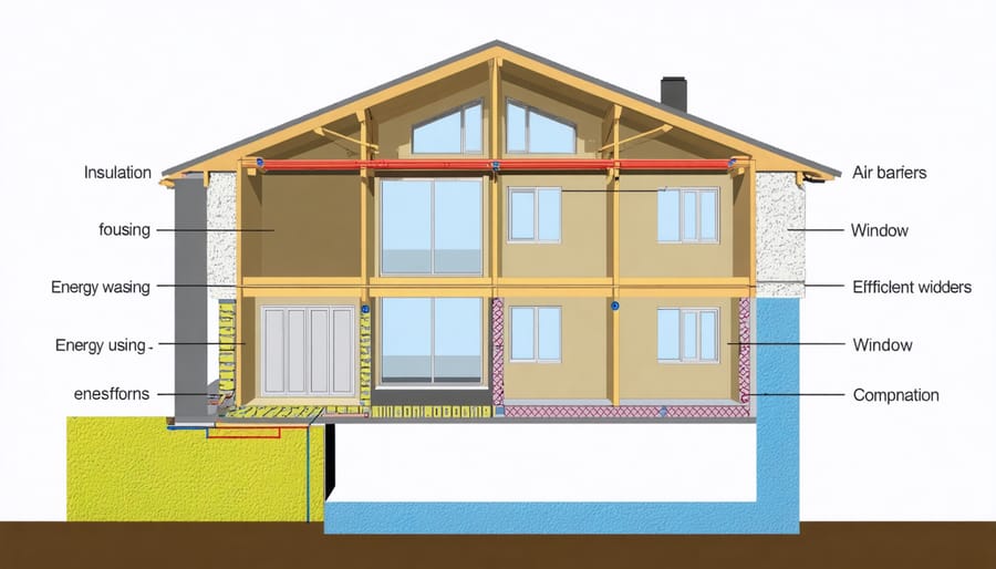 Technical illustration of zero energy building envelope components and construction layers