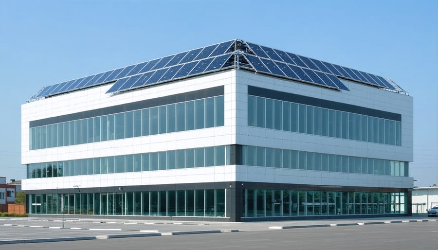 Building-integrated photovoltaic system showing solar cells embedded in glass windows and architectural elements