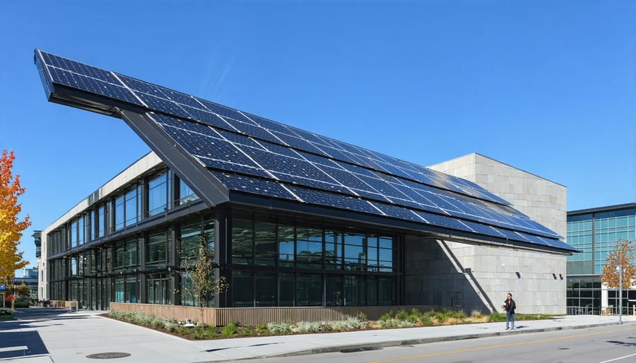 The Bullitt Center building in Seattle featuring prominent rooftop solar panels and green building design elements