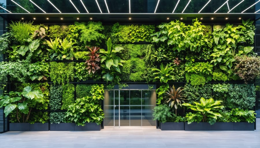 Vertical garden covering the facade of a commercial building with lush vegetation