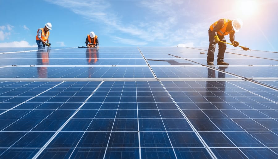 Construction workers installing solar panels on a commercial building rooftop