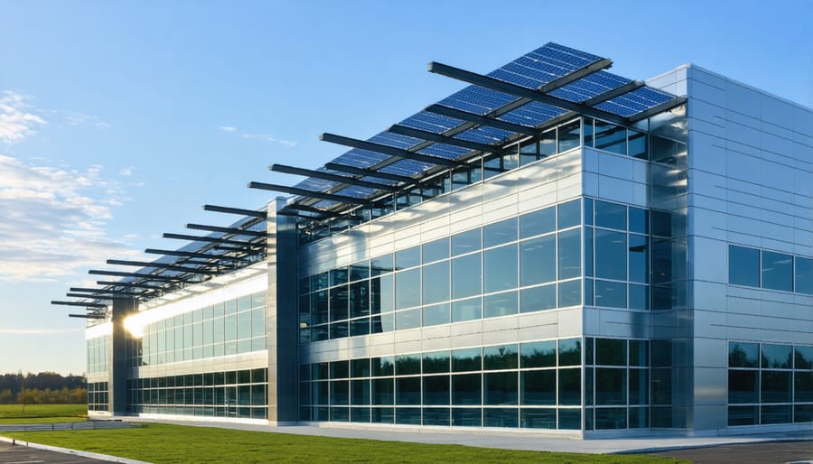 Modern zero energy office building showcasing integrated renewable energy systems