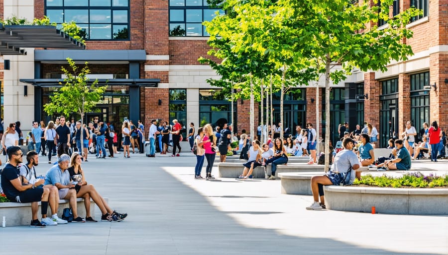 Urban community plaza with diverse groups of people enjoying public amenities and social spaces