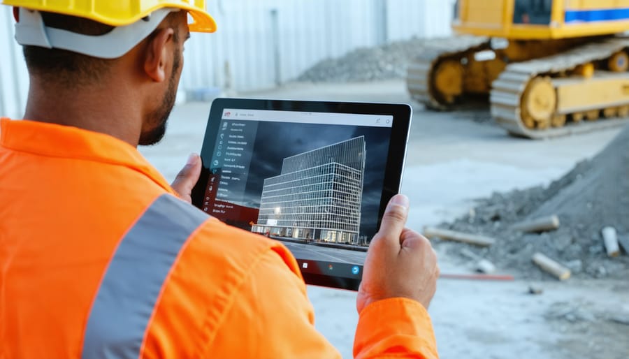 Construction professional reviewing 3D building model on tablet while standing at active construction site