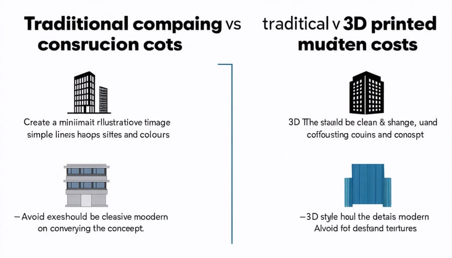 Cost comparison chart showing labor, materials, and time savings between traditional and 3D printed construction methods