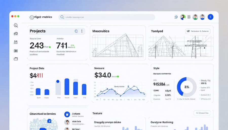 Modern digital dashboard interface displaying real-time construction site data and analytics