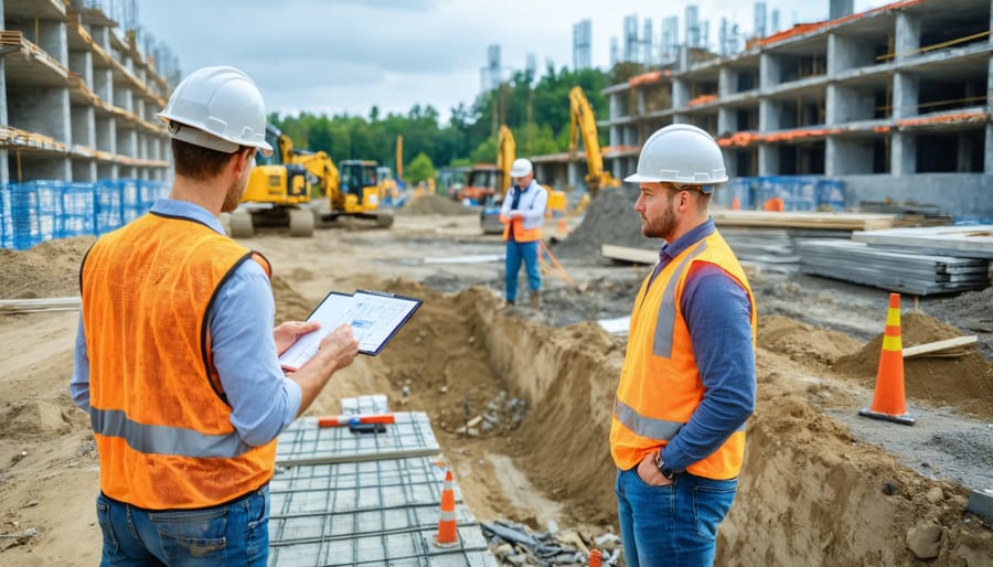 Construction workers and project manager reviewing progress with digital tools on active construction site