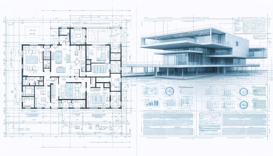 Construction blueprint and financial documentation side by side