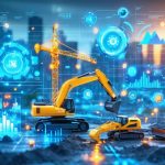 A futuristic construction site with digital overlays depicting AI, blockchain, and predictive analytics, symbolizing the integration of advanced technologies in construction finance.