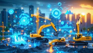 A futuristic construction site with digital overlays depicting AI, blockchain, and predictive analytics, symbolizing the integration of advanced technologies in construction finance.