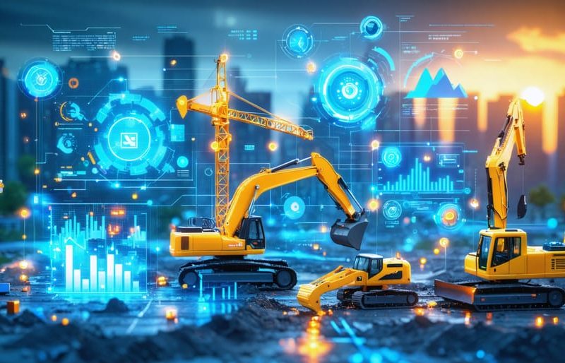 A futuristic construction site with digital overlays depicting AI, blockchain, and predictive analytics, symbolizing the integration of advanced technologies in construction finance.