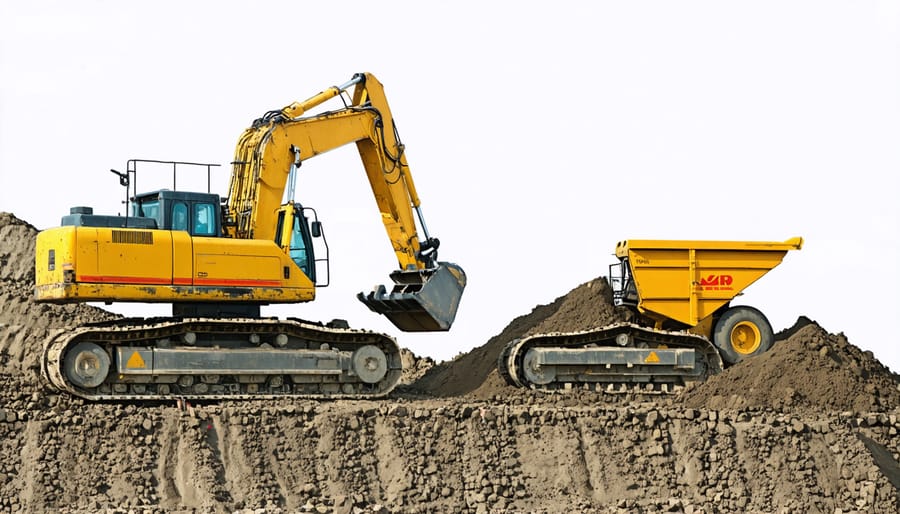 Aerial view of construction site with organized material staging areas and delivery trucks