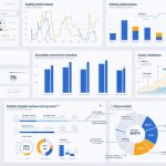 Conceptual illustration of a digital dashboard displaying various construction project metrics including cost variance, ROI, schedule performance, and safety compliance in a data-driven format.