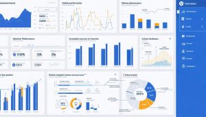 Conceptual illustration of a digital dashboard displaying various construction project metrics including cost variance, ROI, schedule performance, and safety compliance in a data-driven format.