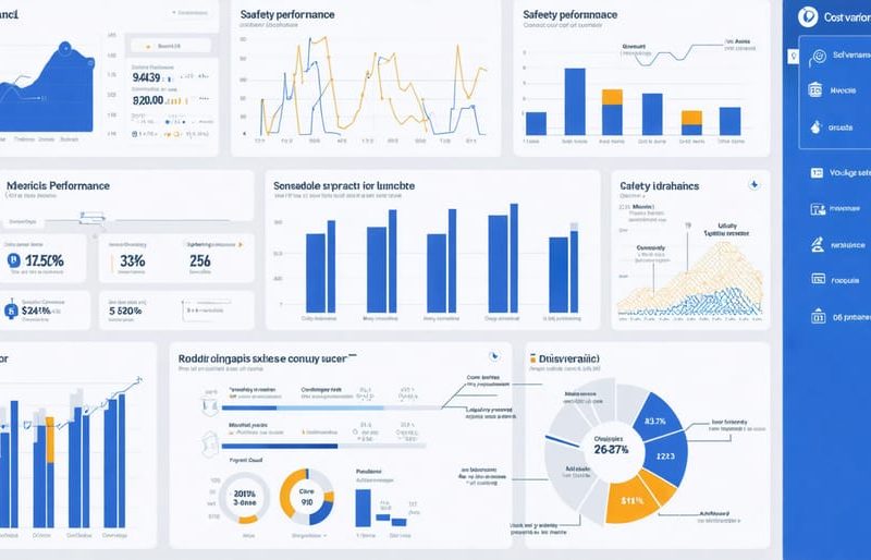 Conceptual illustration of a digital dashboard displaying various construction project metrics including cost variance, ROI, schedule performance, and safety compliance in a data-driven format.