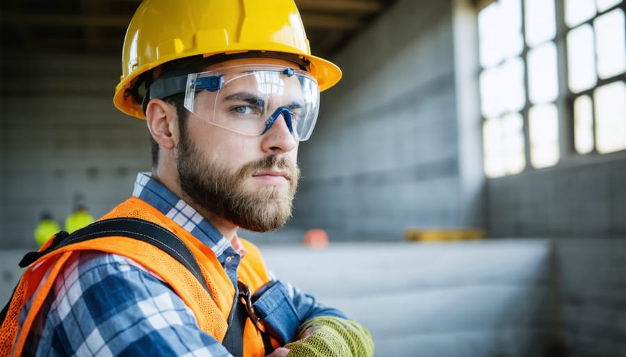 Construction worker demonstrating proper use of personal protective equipment and fall protection gear