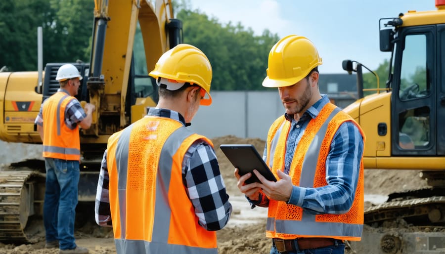 Construction team using modern technology to track project efficiency and labor productivity